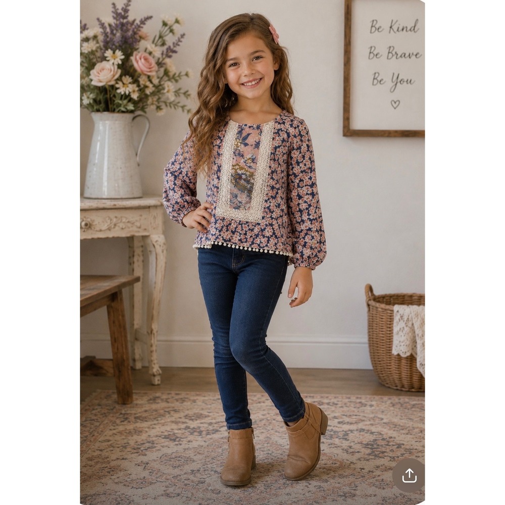 Mimi & Maggie Girls Floral Mixed Print Lace Trim Pom Pom Blouse Pink Blue 6X